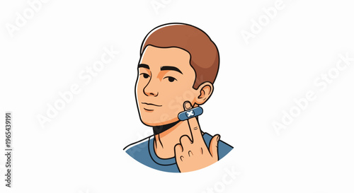 Young man applying a bandage with an X on his cheek