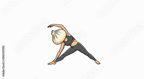 Woman with dumpling head doing yoga triangle pose