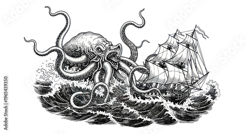 Giant Kraken Attacks Sailing Ship in Stormy Sea, Nautical Adventure Illustration