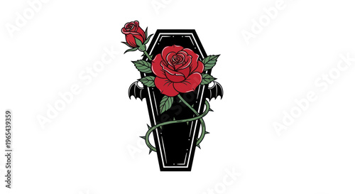 Gothic Rose on Coffin with Bat Wings, Dark Romance Symbol
