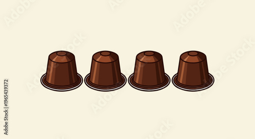 Four stylized brown coffee pods lined up on a light beige background