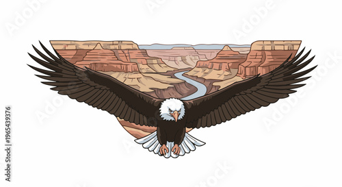 Eagle soars over a vast canyon with a winding river below