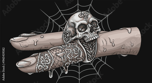Elaborate skull ring adorns dripping, pale hand against spider web
