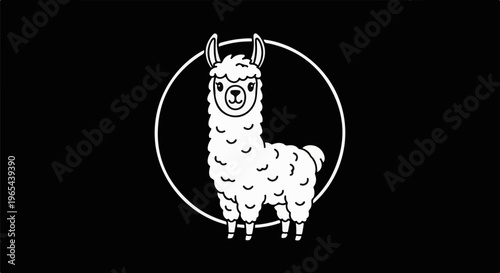 Cute cartoon llama with fluffy wool standing inside a white circle