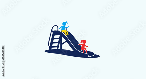 Stylized icons of children playing on a blue playground slide