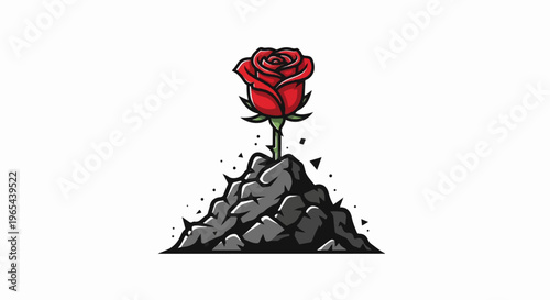Red rose growing from jagged grey rocks