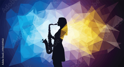 Saxophone player silhouette, colorful geometric background, music vector, artistic illustration