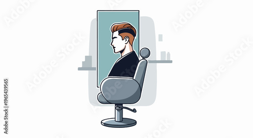Man in barber chair, styled hair, reflection in mirror, salon setting