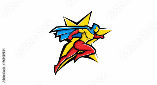 Dynamic superhero in red, yellow, and blue costume leaping with a starburst