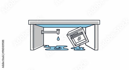 Leaking pipe and toppled appliance under sink