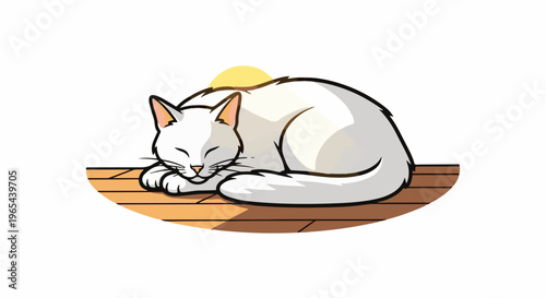 Cute white cat sleeping peacefully on a wooden surface with a soft yellow sun