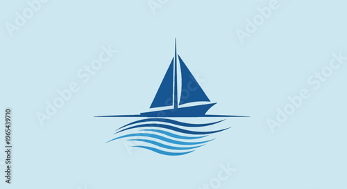 Minimalist blue sailboat gliding on stylized wavy water