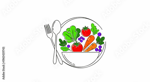 Colorful salad ingredients in a bowl with fork and spoon