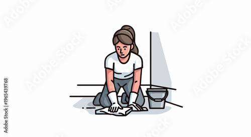 Person on hands and knees wiping floor with cloth, bucket nearby