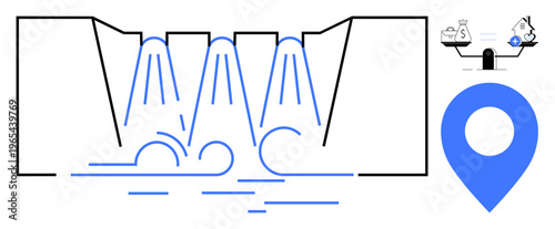 Hydropower concept. Hydropower dam generating renewable energy with cascading water flow and financial symbols cost efficiency and balance. Hydropower for sustainability, energy costs, eco-friendly