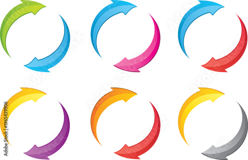 Colorful circles of two rotating arrows. Vector icons set.