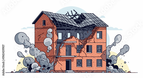 Damaged brick building with smoke billowing from its walls