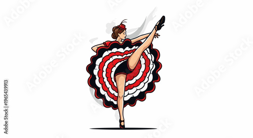 Dancer in a voluminous ruffled skirt performs a high leg kick