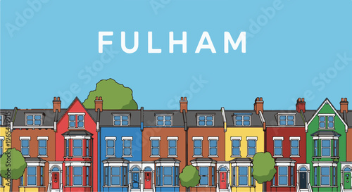 Colorful terraced houses with trees under a bright blue sky