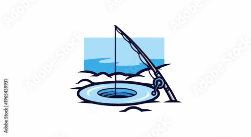 Ice fishing with rod and line through hole in frozen water