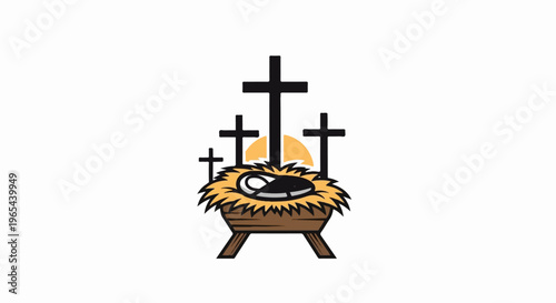 Jesus' nativity in a manger with three crosses and a sun