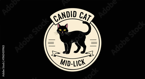 Retro emblem featuring a stylized black cat with yellow eyes and tail up