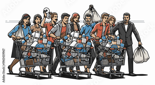 Diverse group of people pushing full shopping carts with essential goods