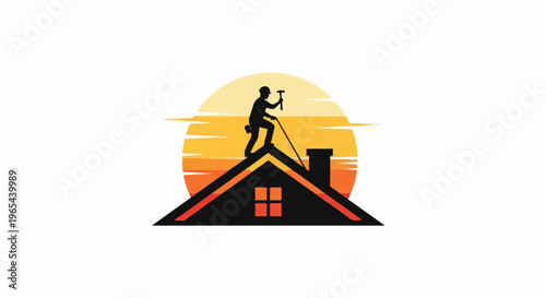 Roofer silhouette on house roof against sunset