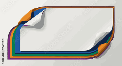 Colorful paper layers curl at the corners of a white rectangular frame