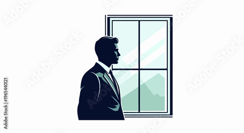 Silhouette of a businessman in a suit looking out a window at mountains