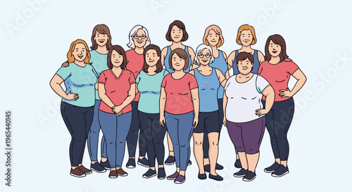 Diverse group of smiling women of various ages and sizes standing together