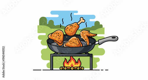 Crispy fried chicken pieces cooking in a pan over an open fire outdoors