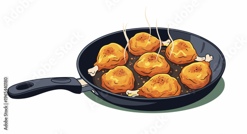 Crispy fried chicken pieces sizzling in a black frying pan