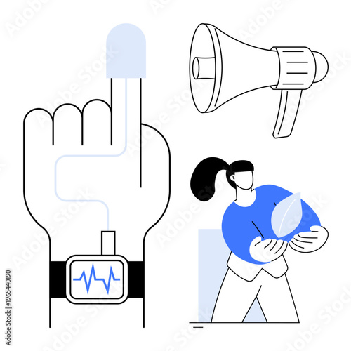 Healthcare technology, eco-consciousness, public awareness, health monitoring, environmental care, communication tools. Finger connected to a health device, a megaphone, a person with a leaf