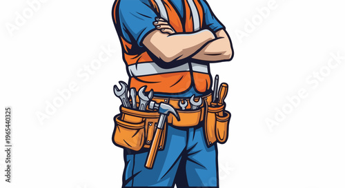 Construction worker with safety vest, tool belt and arms crossed