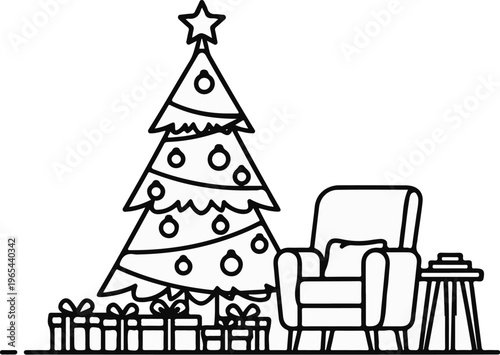 A Christmas tree with ornaments, gifts, a cozy armchair, and a side table