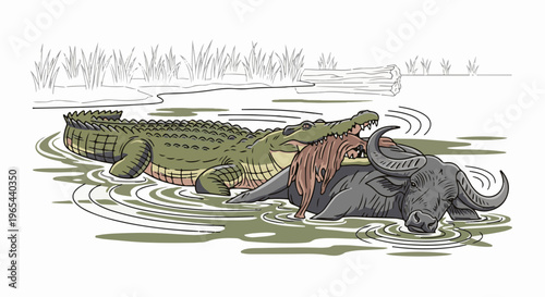 Crocodile ambushing buffalo in water