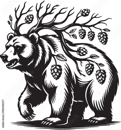 Bear with vines and hop cones, graphic illustration, natural and wild theme, Black And White, Vine Graphic