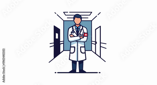 Confident doctor in white coat stands in hospital hallway