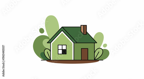 A minimalist illustration of a simple green house with brown door and roof