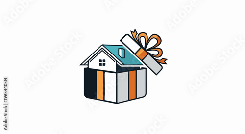 Stylized house emerging from an open gift box with ribbon