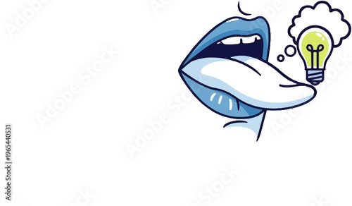 Cartoon lips with tongue out, a lightbulb thought bubble above