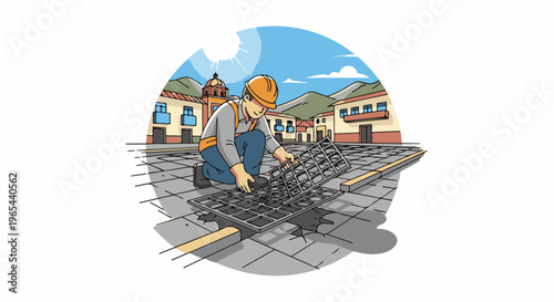Construction worker installing a drainage grate on a town square