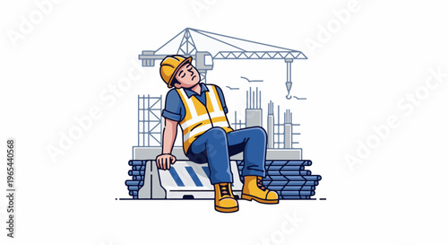 Construction worker in reflective vest asleep on barriers at site