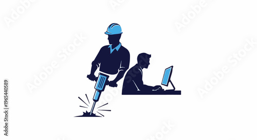 Construction worker drills ground near person at computer