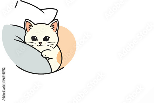 Adorable cartoon kitten peeking out from a cozy, abstract colorful blanket, resting comfortably