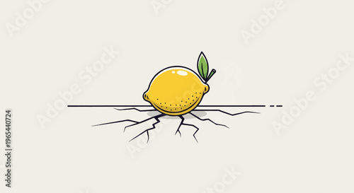 A yellow lemon with a green leaf rests on cracked ground