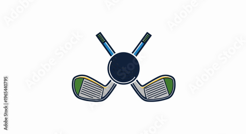 Two crossed golf clubs with a golf ball centered above them