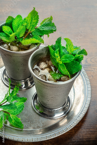 Mint Julep in the Kentucky Derby classic silver glass, with fresh mint leaves