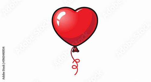 A red heart-shaped balloon with a curly red string floats